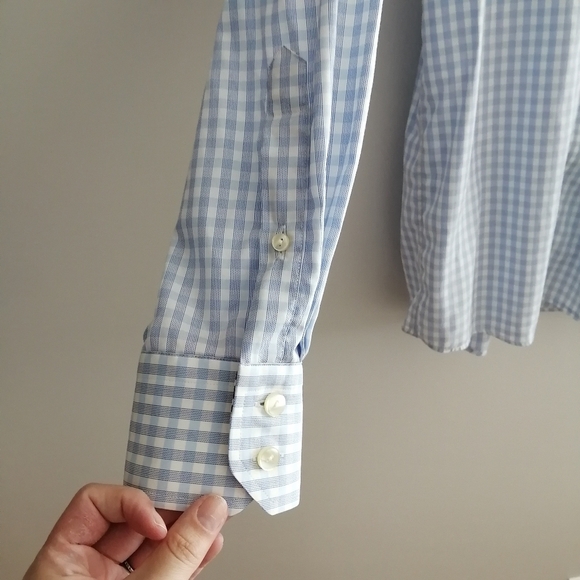 Eton Contemporary Fit Blue White Check Plaid Dress Shirt Floral Trim 16.5 34/35 - Picture 6 of 15